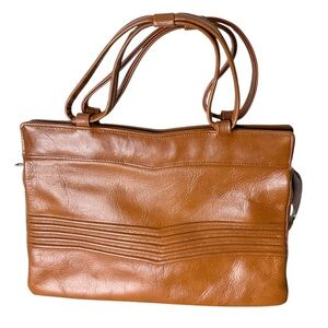 SUZY SMITH Vintage Cognac Brown Leather Handbag Zipper Closure Ribbed Detailing